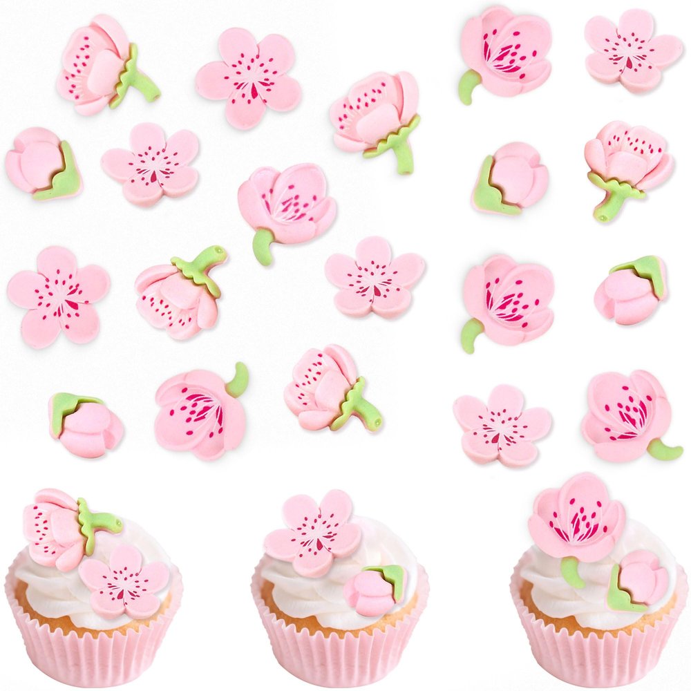 24Pcs Pink Cherry Blossom Cupcake Toppers Resin 2D Flowers Cake Decorations