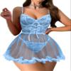 Foxiny Sexy Ruffle Floral Skirt Underwire Mesh Sheer Lace Babydoll Lingerie Dress with Thong 2 Piece, Light Blue, M view 1