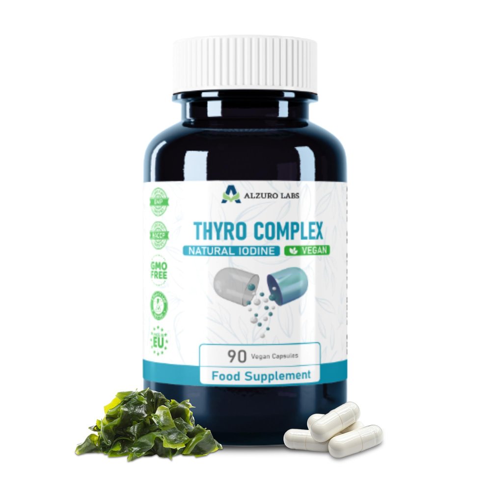 Alzuro Labs Thyro Complex | Natural Iodine from Kelp, L-Tyrosine, Selenium & Zinc | Thyroid Support Formula | 90 Vegan Capsules (3-Month Supply) | Non-GMO, GMP Certified | 3rd Party Lab Tested