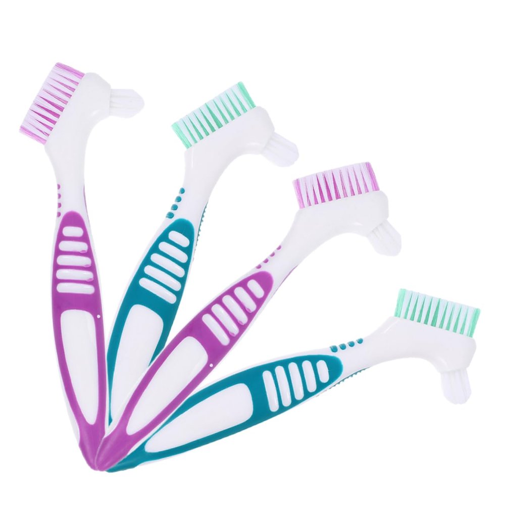 Gogogmee Denture Cleaning Brush 4Pcs with Comfort Handle Multi-Tiered Bristles for Gentle Plaque Removal Oral Care for Dentures and Orthodontic Appliances Portable Travel Use