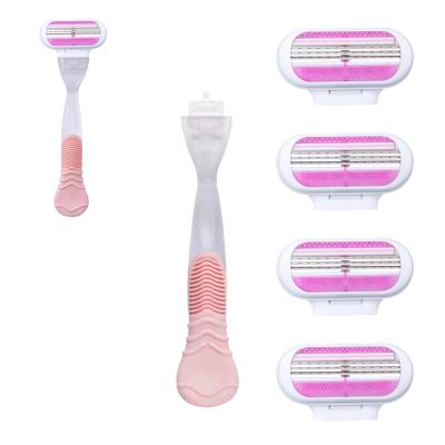 5 Replacement Blades for Women, with 1 Handle, 4 Stainless Steel Blades Corrosion Resistant, with Protective Strip, Ergonomic Handle, Gentle Shaving for Body and Sensitive Areas (Pink)