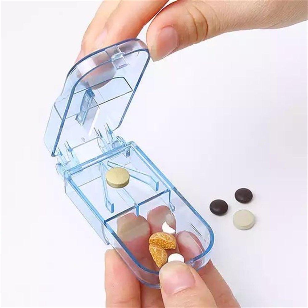 HAJHI Quickly Pill Cutter Stainless Steel Blade Pill Splitter for Different Sizes V-Slot Pill Slicer Storage Medicine Box Portable Dustproof(Blue)