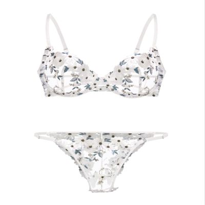 Lilosy Sexy Floral Embroidered Mesh Sheer Underwire Lingerie Set, Flower White, Medium