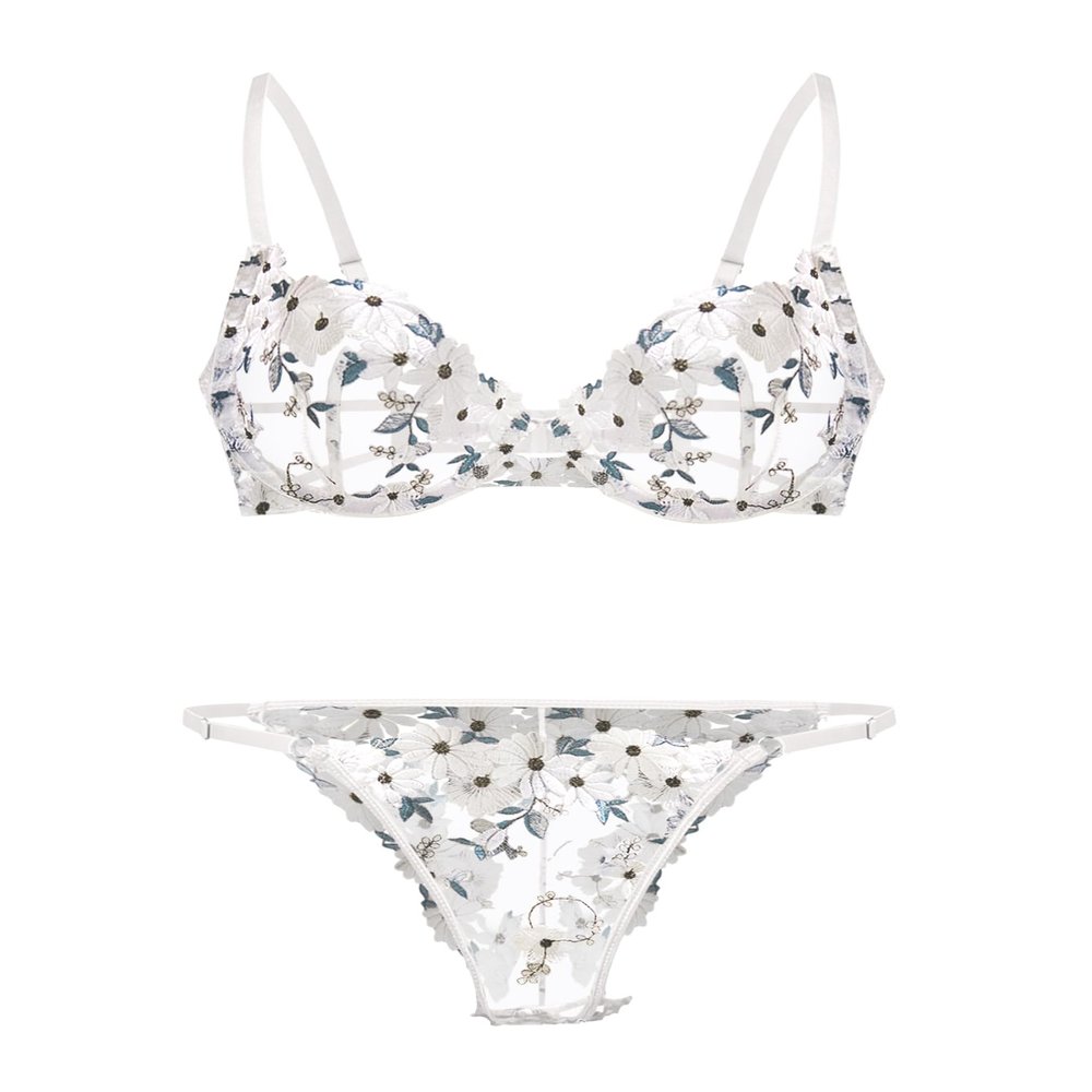Lilosy Sexy Floral Embroidered Mesh Sheer Underwire Lingerie Set, Flower White, Medium