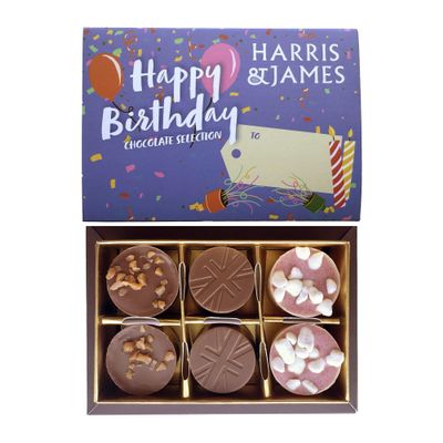 HARRIS & JAMES Happy Birthday Gift Box (6 Pack) Filled With Milk and White Chocolate Truffles. Handcrafted Chocolate In Three Flavours Eton Mess, Salted Caramel & Biscuit Royal.