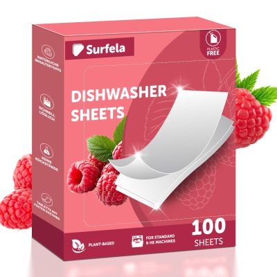 Surfela Dishwasher Sheets - 100 Loads, Eco Friendly Dishwasher Tablets, Biodegradable & Plastic-Free & Sustainable, Powerful Cleaning with Protease Enzymes Against Protein & Grease, Berry Scent
