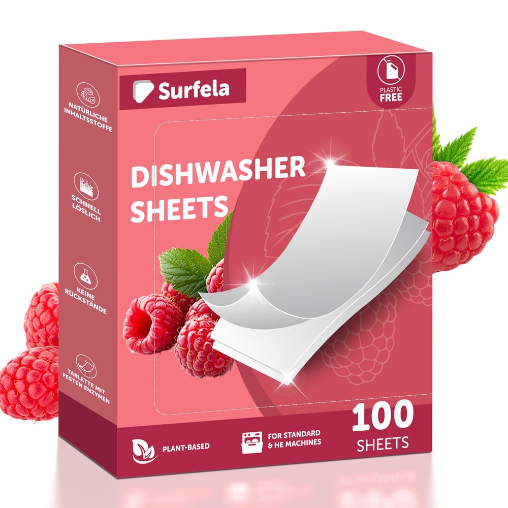 Surfela Dishwasher Sheets - 100 Loads, Eco Friendly Dishwasher Tablets, Biodegradable & Plastic-Free & Sustainable, Powerful Cleaning with Protease Enzymes Against Protein & Grease, Berry Scent