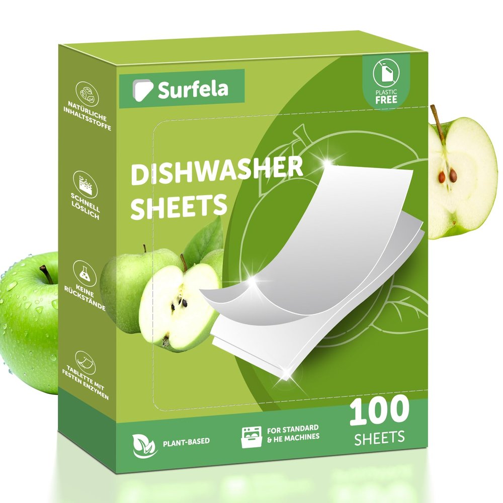 Surfela Dishwasher Sheets - 100 Loads, Eco Friendly Dishwasher Tablets, Biodegradable & Plastic-Free & Sustainable, Powerful Cleaning with Protease Enzymes Against Protein & Grease, Apple Scent