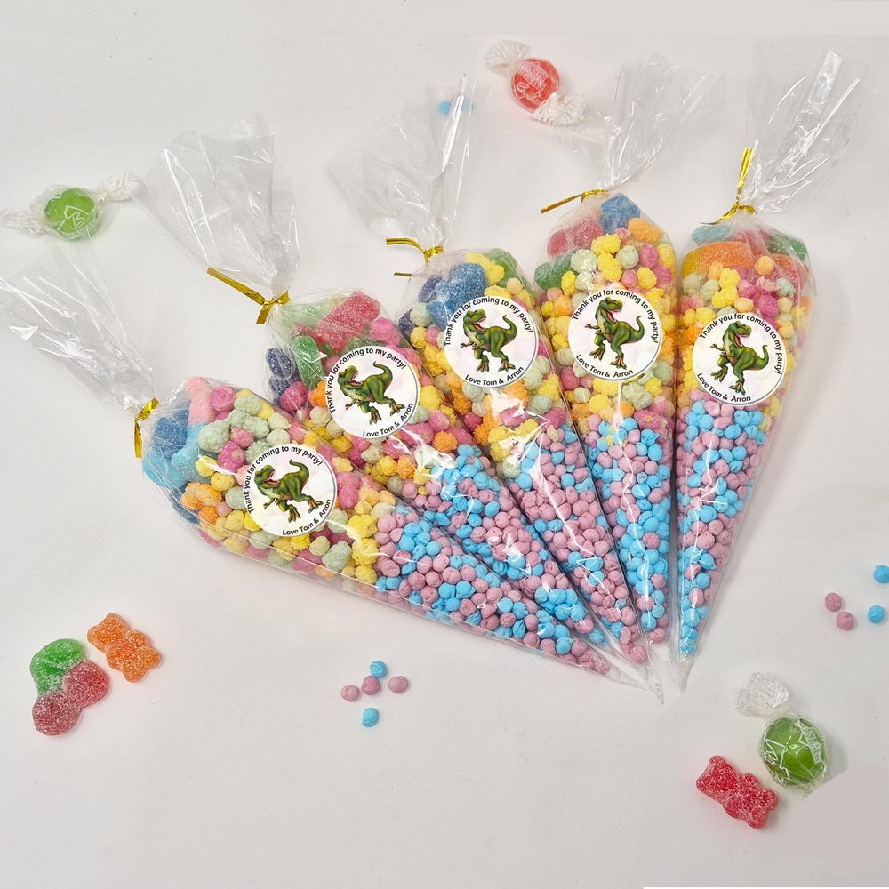 Personalised Stickers |Pre-filled Sweet Cones | Party Favours | Party Bags Gifts | Filled | Unfilled | Sticker | 20 Trex Filled Cones - Vegan Sweet