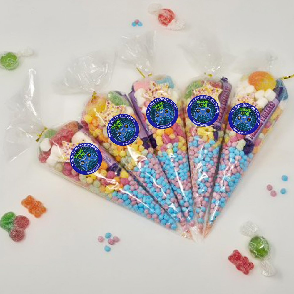 Personalised Stickers |Pre-filled Sweet Cones | Party Favours | Party Bags Gifts | Filled | Unfilled | Sticker | 10 Gaming Blue Filled Cones - Mixed Sweet