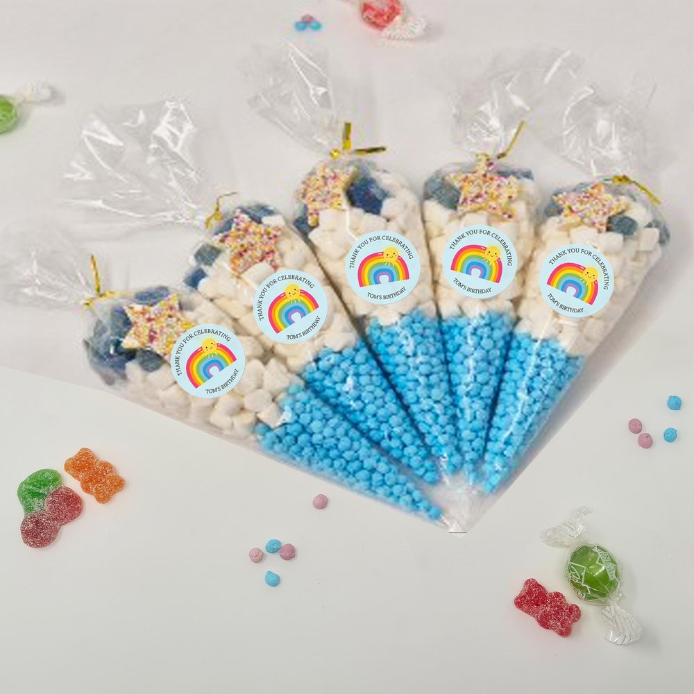 Personalised Stickers |Pre-filled Sweet Cones | Party Favours | Party Bags Gifts | Filled | Unfilled | Sticker | 20 Rainbow Blue Filled Cones - Blue Sweet