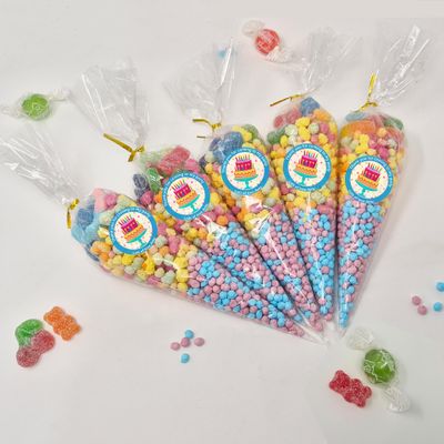Personalised Stickers |Pre-filled Sweet Cones | Party Favours | Party Bags Gifts | Filled | Unfilled | Sticker | 10 Cake Blue Filled Cones - Vegan Sweet