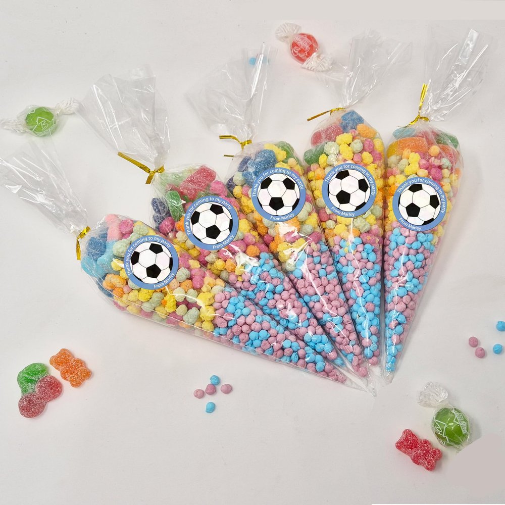 Personalised Stickers |Pre-filled Sweet Cones | Party Favours | Party Bags Gifts | Filled | Unfilled | Sticker | 10 Football Blue Filled Cones - Vegan Sweet