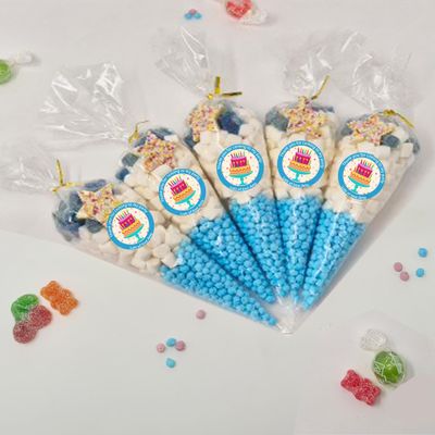 Personalised Stickers |Pre-filled Sweet Cones | Party Favours | Party Bags Gifts | Filled | Unfilled | Sticker | 15 Cake Blue Filled Cones - Blue Sweet