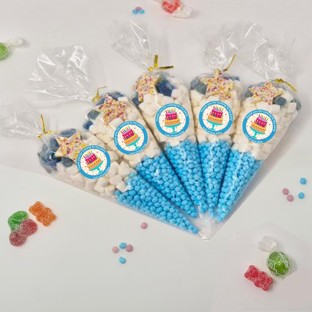 Personalised Stickers |Pre-filled Sweet Cones | Party Favours | Party Bags Gifts | Filled | Unfilled | Sticker | 15 Cake Blue Filled Cones - Blue Sweet