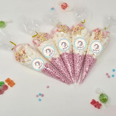 Personalised Stickers |Pre-filled Sweet Cones | Party Favours | Party Bags Gifts | Filled | Unfilled | Sticker | 5 Unicorn D2 Filled Cones - Pink Sweet