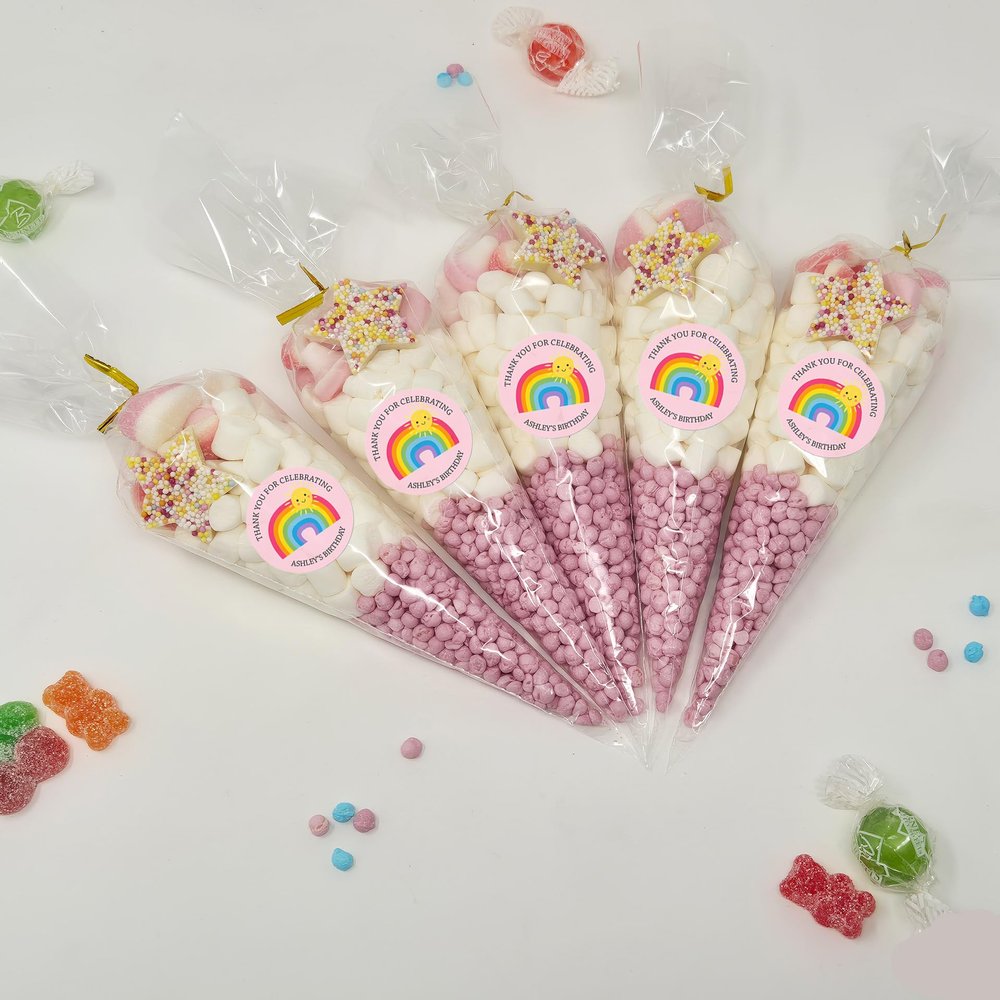 Personalised Stickers |Pre-filled Sweet Cones | Party Favours | Party Bags Gifts | Filled | Unfilled | Sticker | 20 Rainbow Pink Filled Cones - Pink Sweet