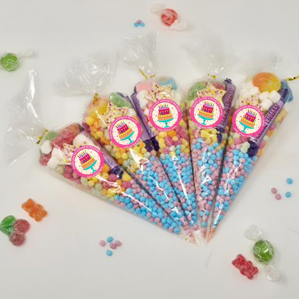 Personalised Stickers |Pre-filled Sweet Cones | Party Favours | Party Bags Gifts | Filled | Unfilled | Sticker | 10 Cake Pink Filled Cones - Mixed Sweet