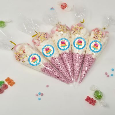 Personalised Stickers |Pre-filled Sweet Cones | Party Favours | Party Bags Gifts | Filled | Unfilled | Sticker | 5 Cake Blue Filled Cones - Pink Sweet