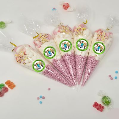 Personalised Stickers |Pre-filled Sweet Cones | Party Favours | Party Bags Gifts | Filled | Unfilled | Sticker | 15 Mine Themed Filled Cones - Pink Sweet
