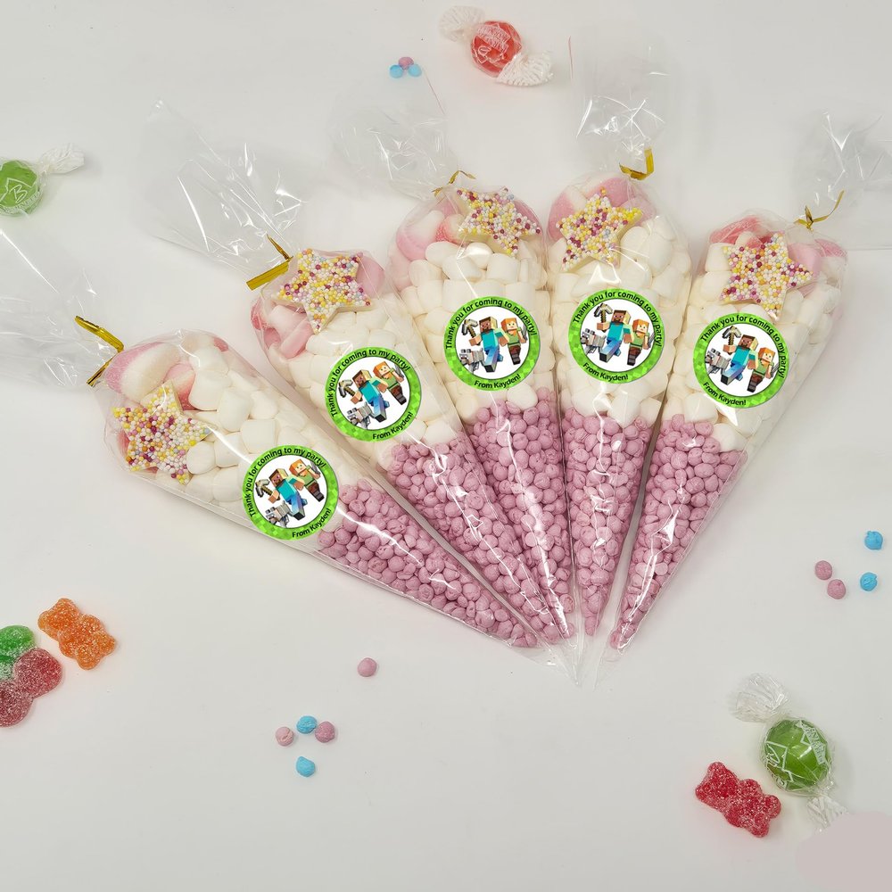 Personalised Stickers |Pre-filled Sweet Cones | Party Favours | Party Bags Gifts | Filled | Unfilled | Sticker | 15 Mine Themed Filled Cones - Pink Sweet