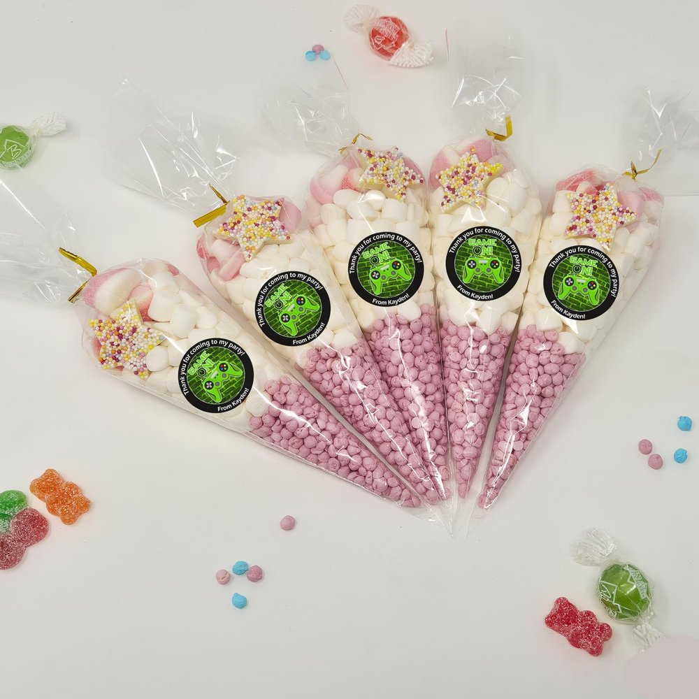 Personalised Stickers |Pre-filled Sweet Cones | Party Favours | Party Bags Gifts | Filled | Unfilled | Sticker | 20 Gaming Green Filled Cones - Pink Sweet