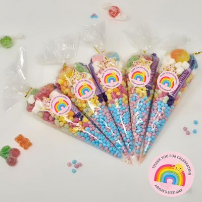 Personalised Stickers |Pre-filled Sweet Cones | Party Favours | Party Bags Gifts | Filled | Unfilled | Sticker | 10 Rainbow Pink Filled Cones - Mixed Sweet