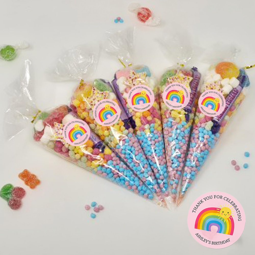 Personalised Stickers |Pre-filled Sweet Cones | Party Favours | Party Bags Gifts | Filled | Unfilled | Sticker | 10 Rainbow Pink Filled Cones - Mixed Sweet