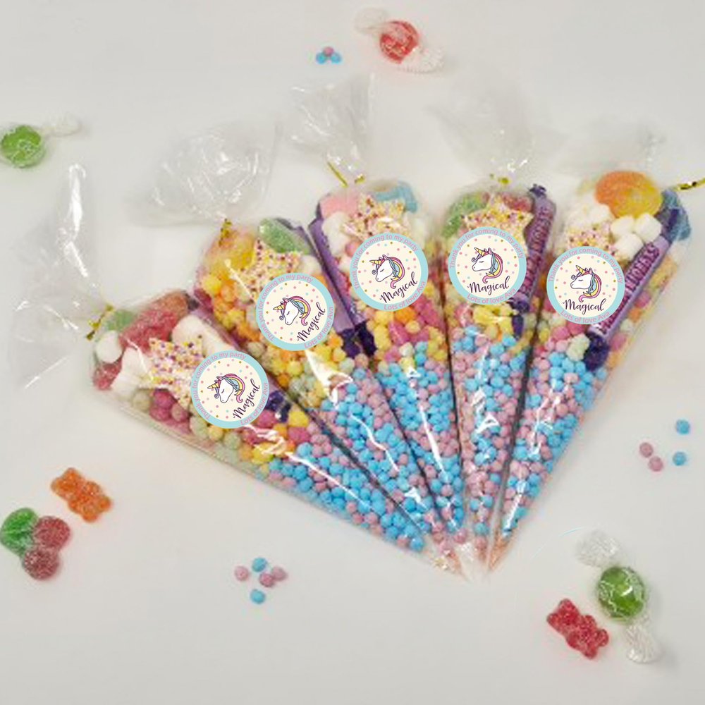 Personalised Stickers |Pre-filled Sweet Cones | Party Favours | Party Bags Gifts | Filled | Unfilled | Sticker | 15 Unicorn D2 Filled Cones - Mixed Sweet
