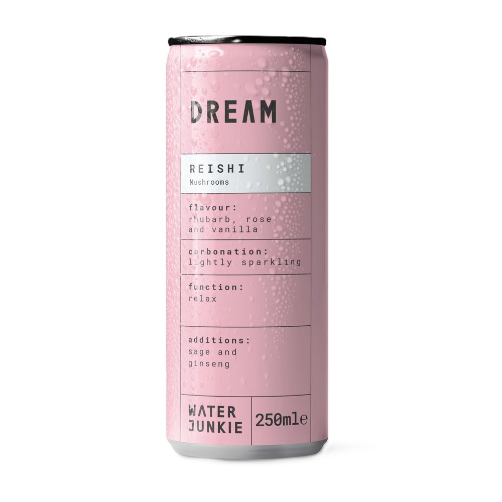WaterJunkie DREAM | Reishi Infused Sparkling Functional Mushroom Drink | Rhubarb Rose & Vanilla | 12x250ml