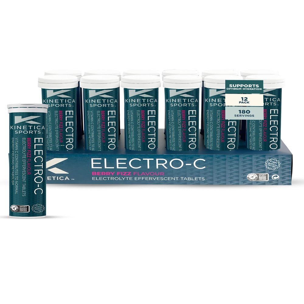 Kinetica Sports Electro-C Electrolyte Tablets Berry Fizz Flavour | 180 Tablets (12 Pack, 15 Tablets/Pack) | Contains Vitamin C, Magnesium, Potassium & Calcium | Effervescent Hydration Drink
