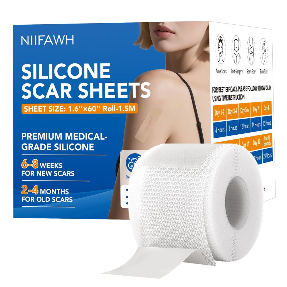 NIIFAWH Clear Silicone Scar Sheets, Silicone Scar Tape(1.6"x 60" Roll-1.5M) - Reusable, Soft & Medical Grade Adhesive Tape for Old & New Scars, C-Section, Surgery, Keloid & Acne Scars