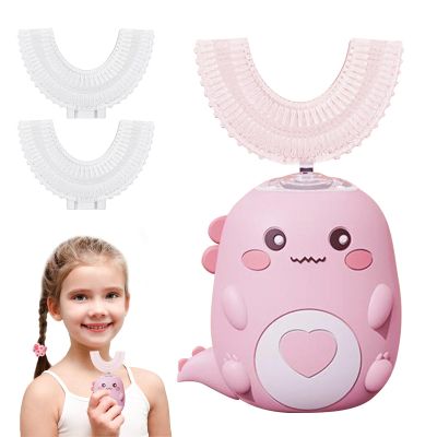 360 Kids Ultrasonic Toothbrush,Toothbrush with 3 U Shaped Silicone Brush Heads, Electric Tooth Brush & 2 Modes, Dinobrush Toothbrushes,Let Children Love Brushing Their Teeth (Pink-6-12 Years Old)