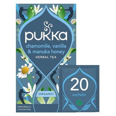 Pukka Herbs | Chamomile, Vanilla and Manuka Honey Organic Herbal Tea Box | Infusion with Licorice & Fennel | Perfect For Calming | Caffeine Free | 20 Plant Based Biodegradable Tea Bags