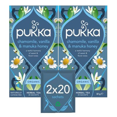 Pukka Herbs | Chamomile, Vanilla and Manuka Honey Organic Herbal Tea Box | Infusion with Licorice & Fennel | Perfect For Calming | Caffeine Free | 2 Packs | 40 Plant Based Biodegradable Tea Bags