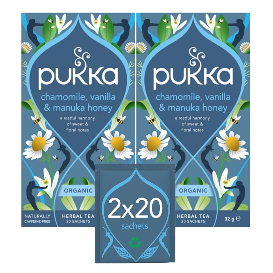 Pukka Herbs | Chamomile, Vanilla and Manuka Honey Organic Herbal Tea Box | Infusion with Licorice & Fennel | Perfect For Calming | Caffeine Free | 2 Packs | 40 Plant Based Biodegradable Tea Bags