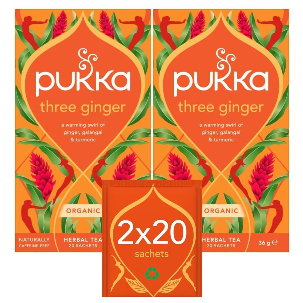 Pukka Herbs | Three Ginger Organic Herbal Tea Box | Digestion-Aiding Infusion With Ginger, Turmeric, And Galangal | Ideal After Meals | Caffeine Free | 2 Packs | 40 Plant Based Biodegradable Tea Bags