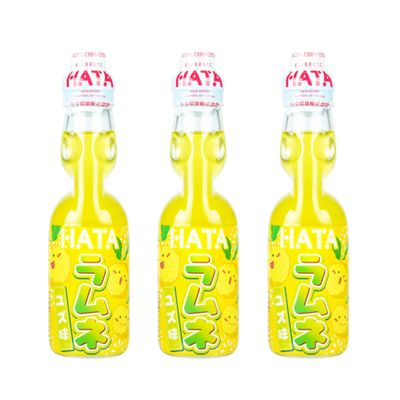 Hata Ramune Yuzu 200 ml (Pack of 3) - Authentic Japanese Soft Drink, Fun Marble Bottle | Refreshing Fizzy Yuzu Flavour