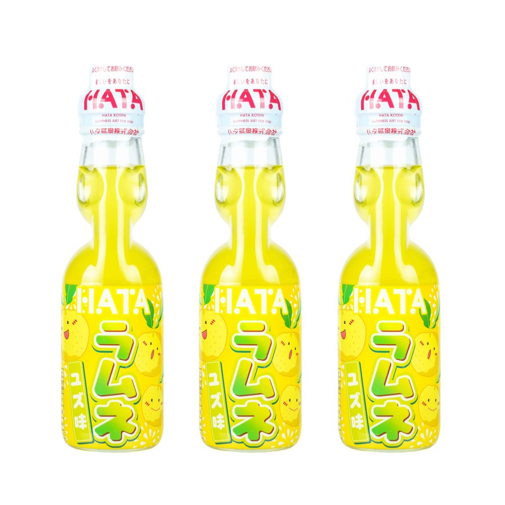Hata Ramune Yuzu 200 ml (Pack of 3) - Authentic Japanese Soft Drink, Fun Marble Bottle | Refreshing Fizzy Yuzu Flavour