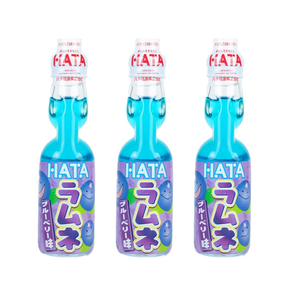 Hata Ramune Blueberry Japanese Soda 200ml (Pack of 3) - Authentic Japanese Soft Drink, Fun Marble Bottle | Refreshing Fizzy Blueberry Flavour