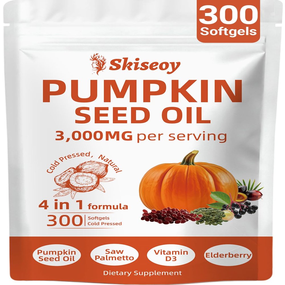 Pumpkin Seed Oil Capsules, 300 Softgels | 4 in 1 Vitamin D3 & Elderberry, 3000mg Cold Pressed & Pure Virgin Oil | Supports Hair, Urinary, Bladder & Prostate Health, Immune | Vegan, Non-GMO