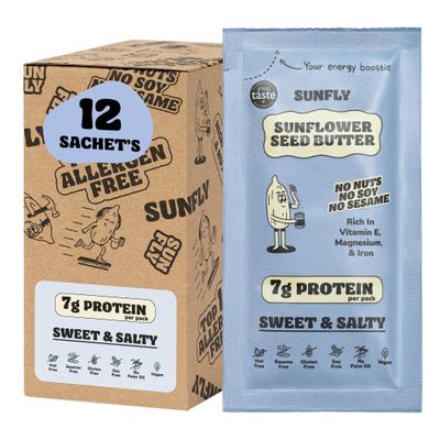 SUNFLY Sweet & Salty Sunflower Seed Butter 12 Sachets (12 x 32g) | Nut-Free, Vegan, High-Protein | Allergen-Free, No Palm Oil | Plant-Based Peanut Butter Alternative, On-the-Go Spread