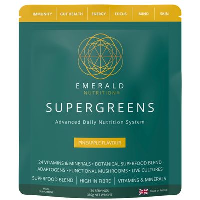 Emerald Nutrition Supergreens Pineapple | Award-Winning Nutrition System | 60 Research-Led Ingredients | Greens, Mushrooms, Adaptogens, Fibre & Live Cultures | Vegan | Made in UK | 360g (30 Servings)