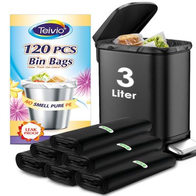 Teivio Mini Trash Bags, 3L, 120 Pieces, Small Strong Trash Bags, Suitable for 3-5L Trash Bins, Waste Basket Liners for Home, Office, Kitchen (Black)