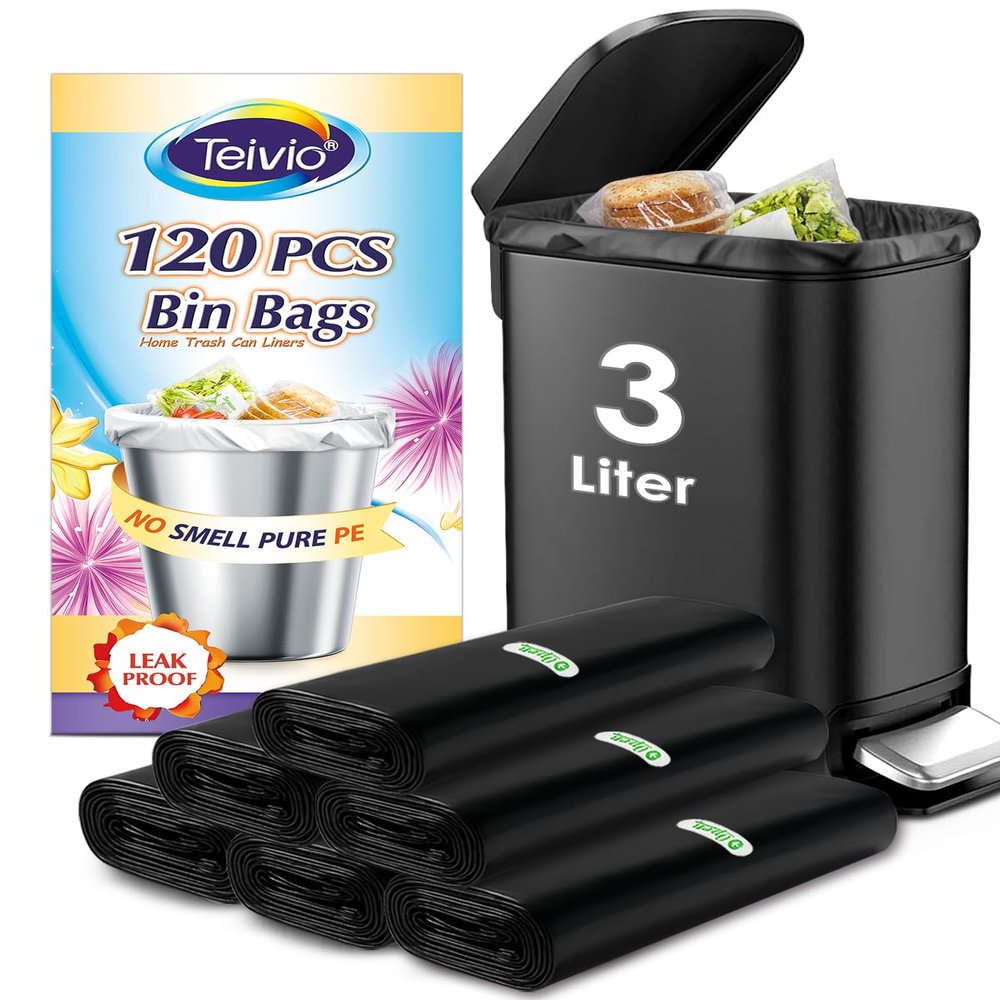 Teivio Mini Trash Bags, 3L, 120 Pieces, Small Strong Trash Bags, Suitable for 3-5L Trash Bins, Waste Basket Liners for Home, Office, Kitchen (Black)