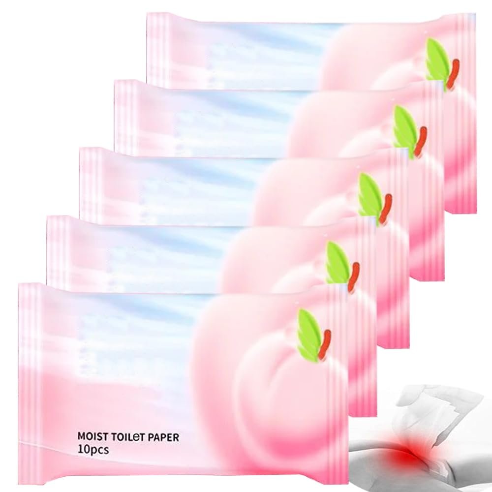 5Pack Luxury Individually Wrapped Skin Friendly Disposable Moist Toilet Paper; 50 Count Travel Personal Hygiene Wet Wipes; Sensitive Skin Adult Toilet Wipes for Home,Travel, Daily Use