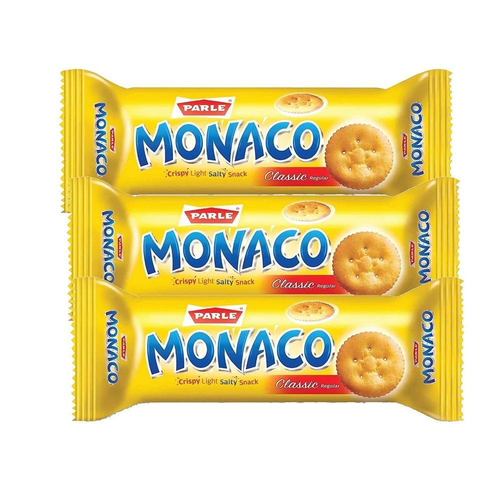 Parle's Monaco Biscuits 63.3g Classic Regular Crispy Light Salty Snack Savory Snack Perfect for Tea-Time Product from India Pack of 3
