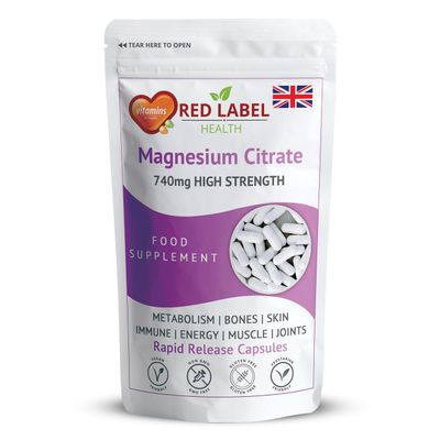 Red Label Health Magnesium Citrate 60 Capsules 740mg Provides 200mg Elemental Magnesium Highly Absorbable Bone, Muscle, Energy Support One a Day Vegan Capsules