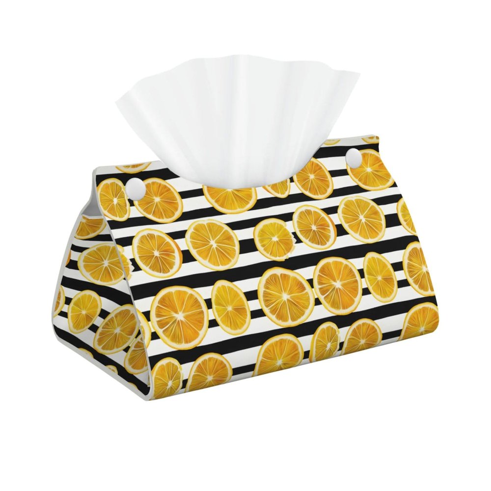 Black White Striped Lemon A Print Tissue Box Cover, Foldable Modern Leather Long Tissue Box Holder, Home Decor Accessories for Bathroom, Office Desk, Car, Tabletop