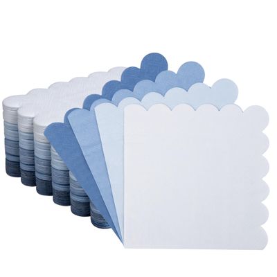 100 Pcs Blue Scalloped Napkins Gradient Color Cocktail Napkin Folded 5 x 5 Beverage Napkins Disposable Paper Napkins for Birthday Party Supplies